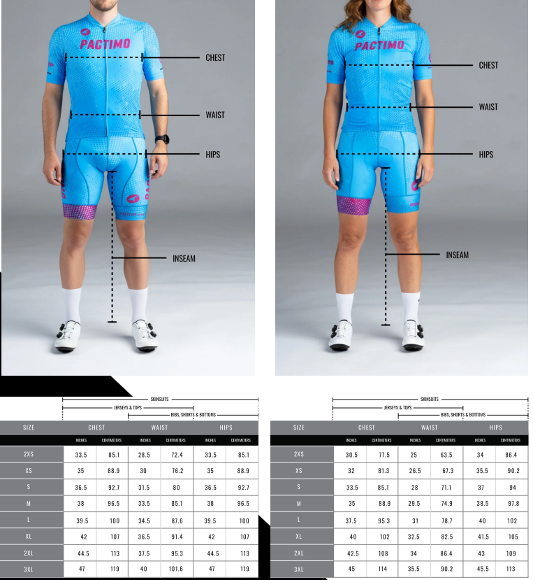 Pactimo cycling kit sizing chart showing chest, waist, hip, and inseam measurements for men's and women's jerseys, bibs, and shorts