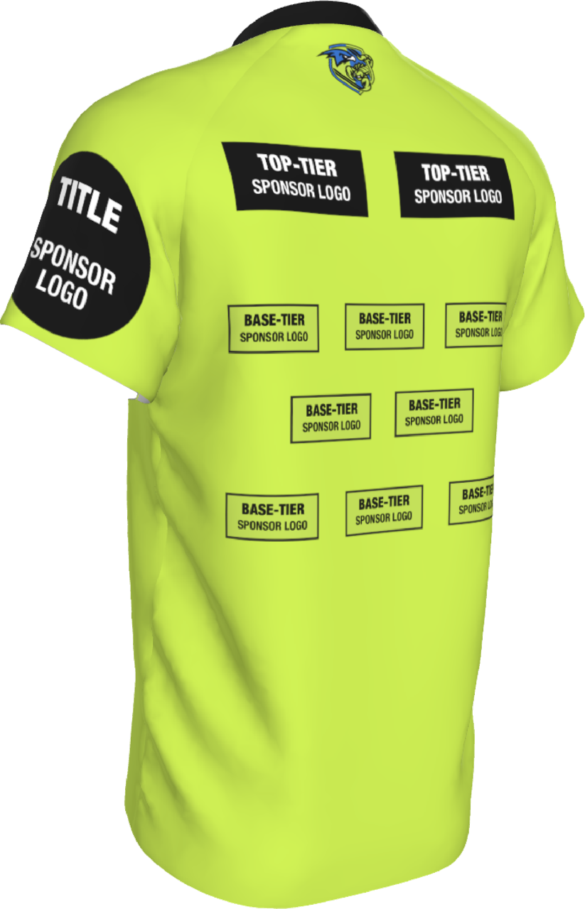 STMS sponsor shirt mockup showing title sponsor, top-tier sponsor, and base-tier sponsor logo placement